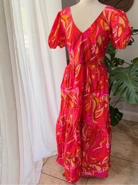 1. State Vibrant Pink & Orange Abstract Maxi Dress